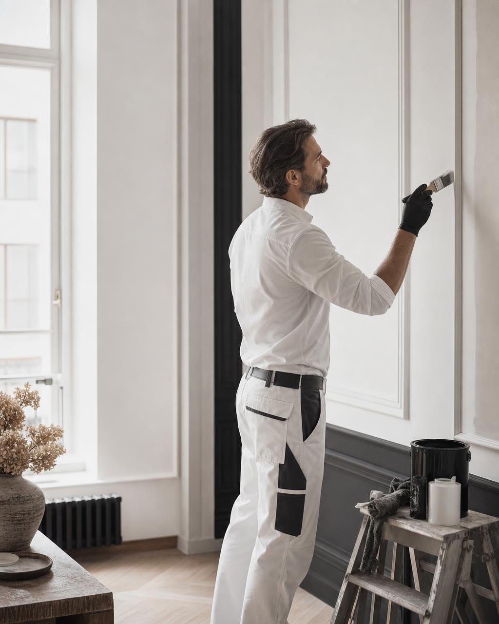 Malermeister bei präziser Arbeit in einem eleganten Berliner Interieur